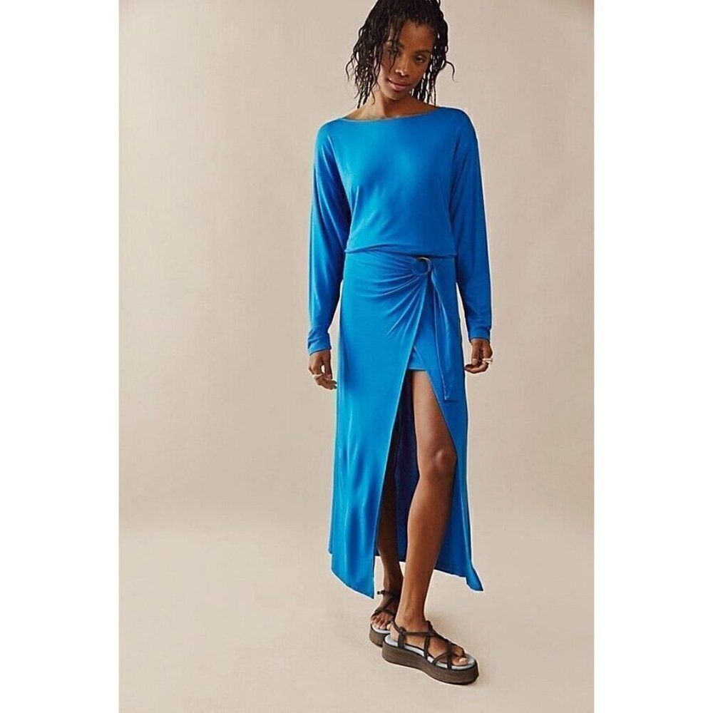 New Free People Sz S Alyssa Long Sleeve Wrap Dress In Blue
